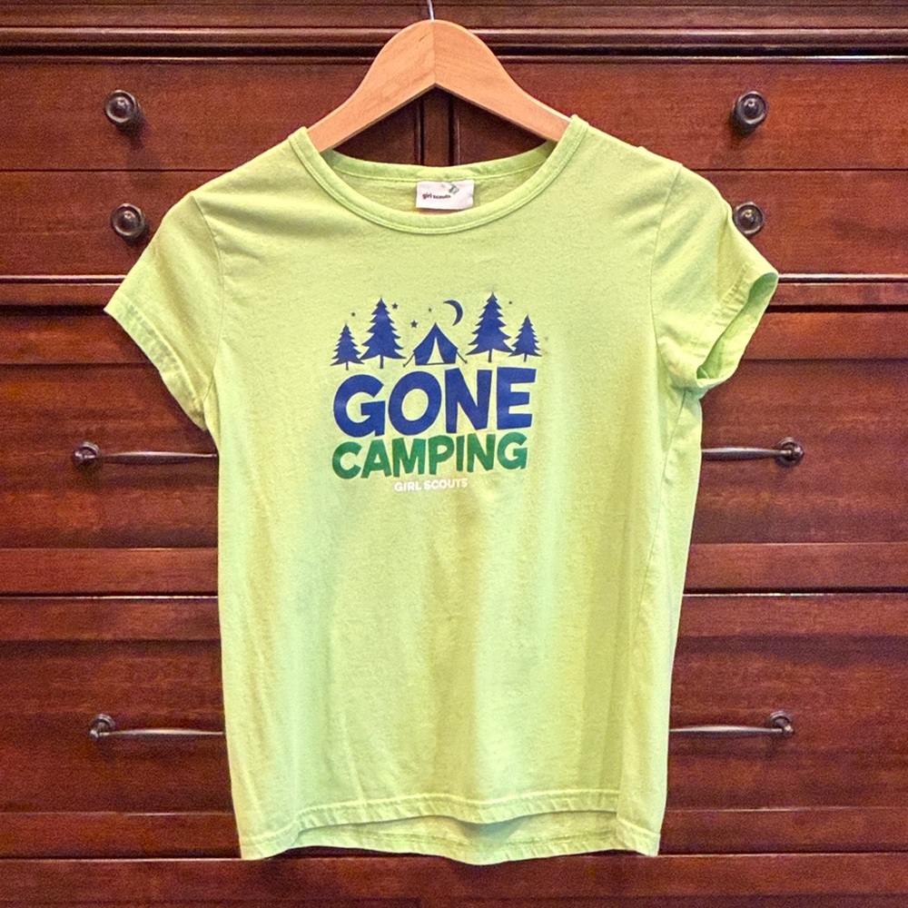 Girl Scouts Gone Camping Kids XL Lime Green Graphic Tee Outdoor Nature